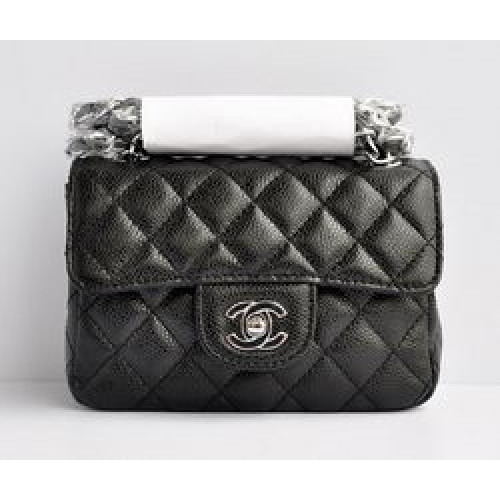 Chanel Classic Black Caviar Silver Chain Quilted Flap Bag