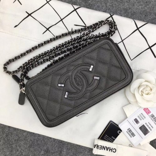 Chanel Classic Clutch with Chain Grained Calfskin silver-Tone Metal A84450 dark grey