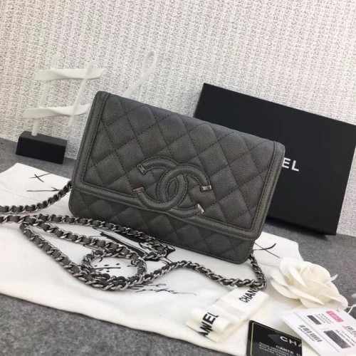 Chanel Classic Clutch with Chain Grained Calfskin silver-Tone Metal A88447 dark grey