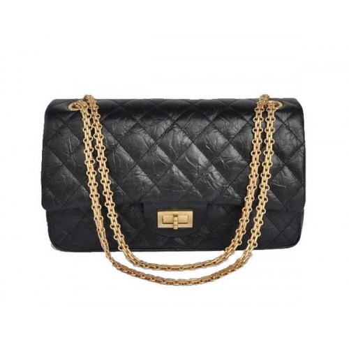 Chanel Classic Falp Bag Black Glazed Crackled Leather A28668 Black Gold