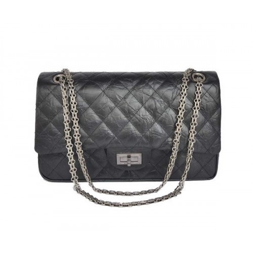 Chanel Classic Falp Bag Black Glazed Crackled Leather A28668 Black Silver