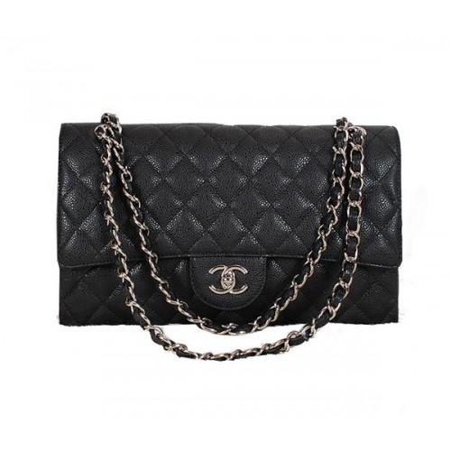 Chanel Classic Flap Bag 1113 Black Original Cannage Pattern Leather Silver