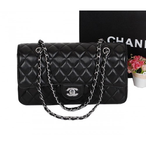 Chanel Classic Flap Bag 1113 Black Sheepskin Leather Silver