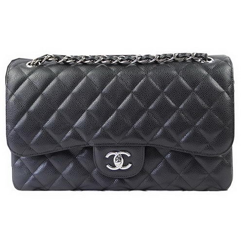 Chanel Classic Flap Bag Black Cannage Pattern CF1113 Silver