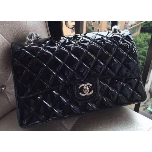 Chanel Classic Flap Bag Black Original Patent Leather A1113 Silver