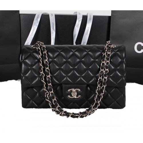 Chanel Classic Flap Bag Black Original Sheepskin Leather A1118 Silver