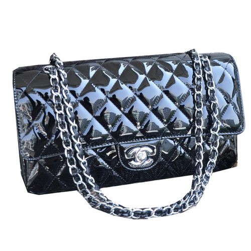 Chanel Classic Flap Bag Black Patent Leather CHA1113 Silver