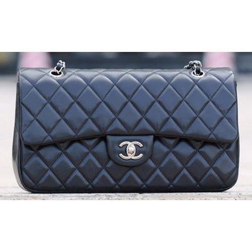 Chanel Classic Flap Bag Black Sheepskin Leather A1113 Silver