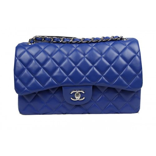 Chanel Classic Flap Bag Blue Original Leather CF1113 Silver