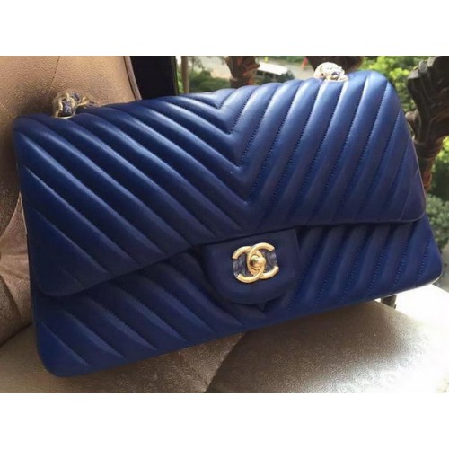 Chanel Classic Flap Bag Blue Sheepskin Chevron Quilting A1113 Gold