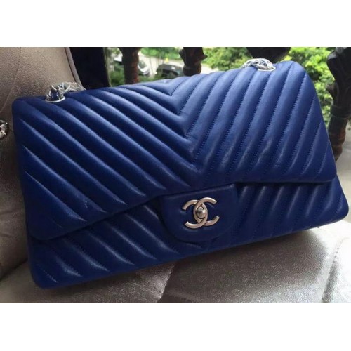 Chanel Classic Flap Bag Blue Sheepskin Chevron Quilting A1113 Silver