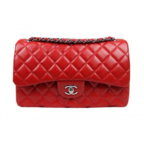 Chanel Classic Flap Bag Red Original Leather CF1113 Silver