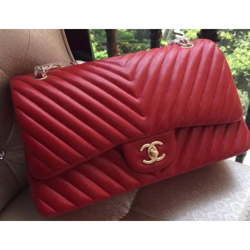Chanel Classic Flap Bag Red Sheepskin Chevron Quilting A1113 Gold