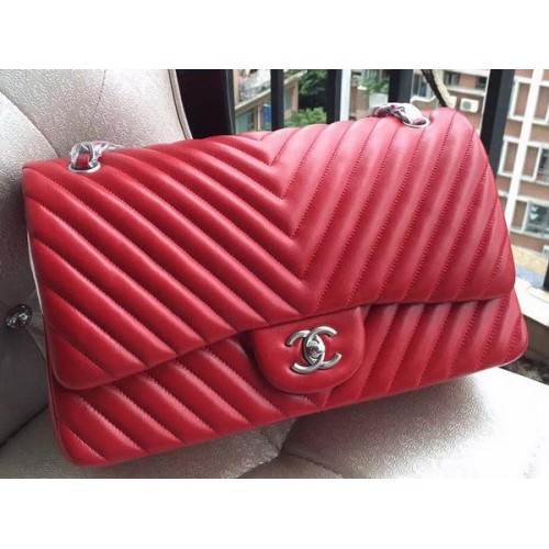 Chanel Classic Flap Bag Red Sheepskin Chevron Quilting A1113 Silver