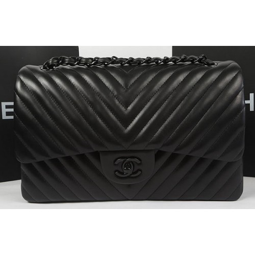Chanel Classic Flap Bag Sheepskin Chevron Quilting A1113 Black