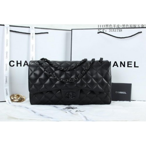 Chanel Classic Flap Bag Sheepskin Leather A1113 Black
