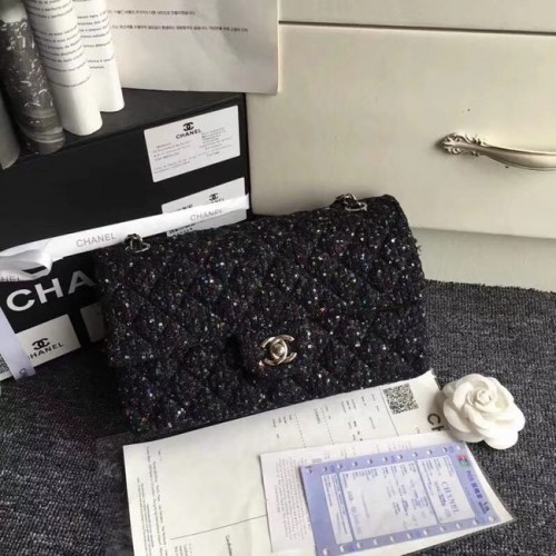 Chanel Classic Handbag Embroidered Tweed Silver-Tone Metal A01112 Black