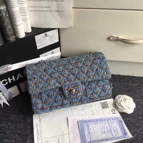 Chanel Classic Handbag Embroidered Tweed Silver-Tone Metal A01112 blue