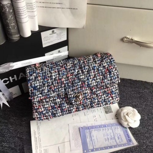 Chanel Classic Handbag Embroidered Tweed Silver-Tone Metal A01112 gery pink