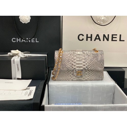 Chanel Classic Handbag Python Leather Silver A01112 Gold Hardware