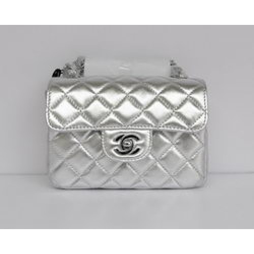 Chanel Classic Light Silver Lambskin Silver Chain Quilted Flap Bag 1115