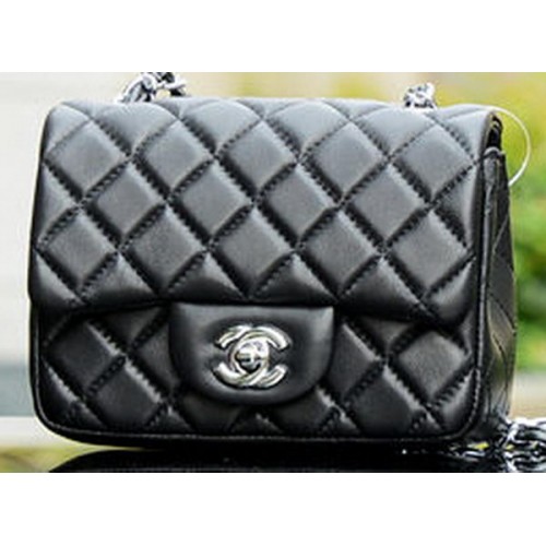 Chanel Classic MINI Flap Bag Black Sheepskin A37585 Silver