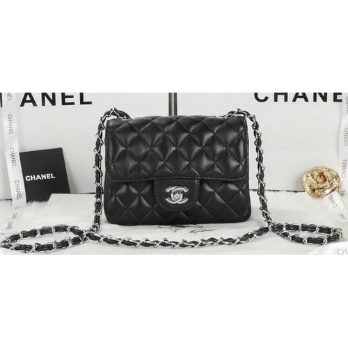 Chanel Classic MINI Flap Bag Black Sheepskin Leather A1115 Silver