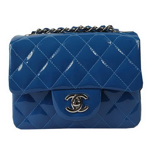 Chanel Classic MINI Flap Bag Blue Original Patent Leather CF1115 Silver