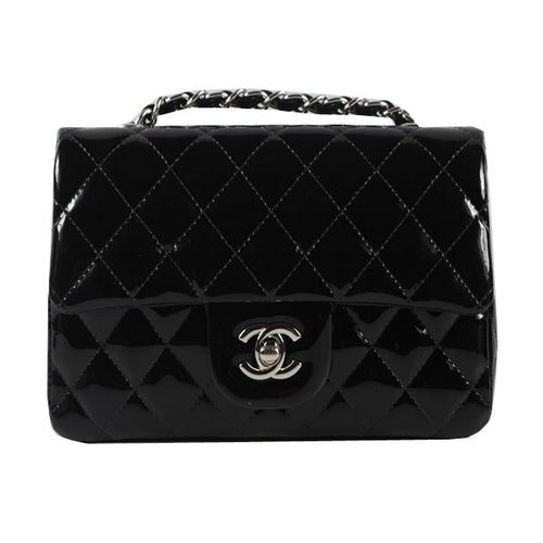 Chanel Classic MINI Flap Bag CF1119 Black Patent Leather Silver