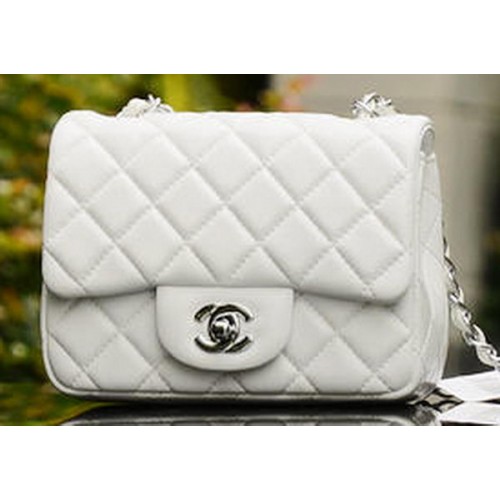 Chanel Classic MINI Flap Bag White Sheepskin A37585 Silver