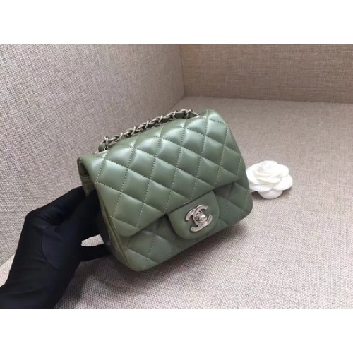 Chanel Classic MINI Flap Bag original Sheepskin Leather A1115 green silver chain