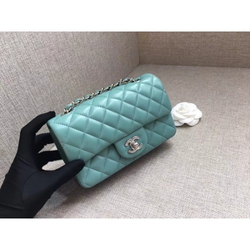 Chanel Classic MINI Flap Bag original Sheepskin Leather A1116 Light blue silver chain