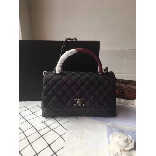 Chanel Classic Red Top Handle Bag Black Original Leather A92292 Silver