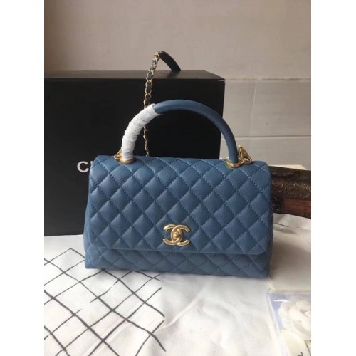 Chanel Classic Top Handle Bag Blue Original Leather A92292 Gold