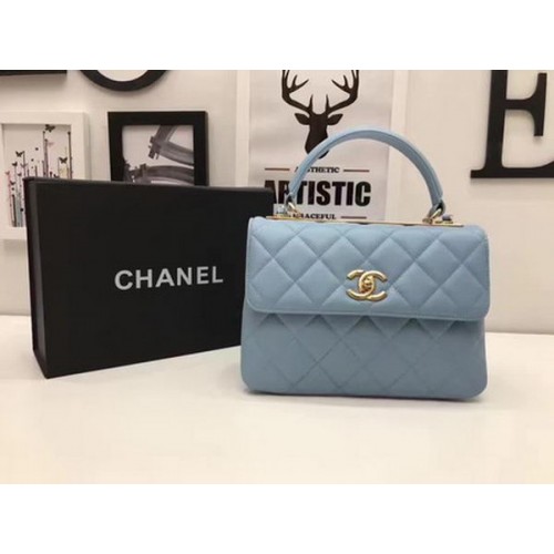 Chanel Classic Top Handle Bag Blue Sheepskin Leather A92991 Gold
