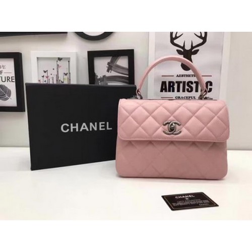 Chanel Classic Top Handle Bag Pink Sheepskin Leather A92991 Silver