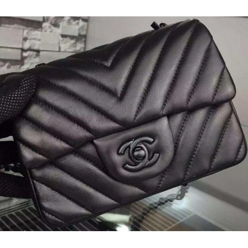 Chanel Classic mini Flap Bag Black Chevron Sheepskin Leather A68748 Black
