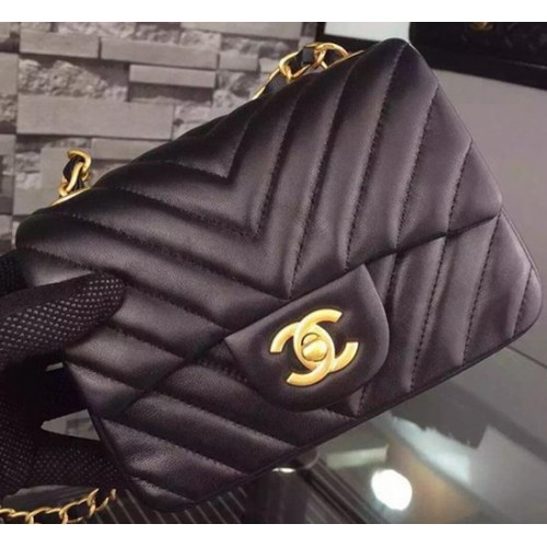Chanel Classic mini Flap Bag Black Chevron Sheepskin Leather A68748 Gold