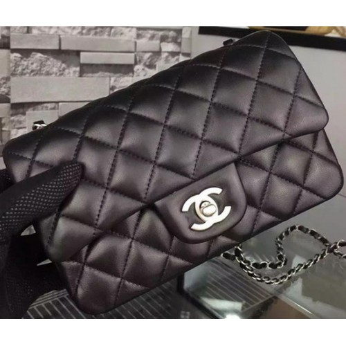 Chanel Classic mini Flap Bag Black Sheepskin Leather A67350 Silver