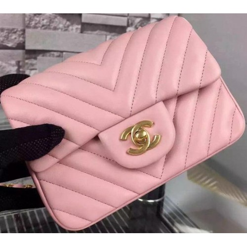 Chanel Classic mini Flap Bag Chevron Sheepskin Leather A68748 Pink