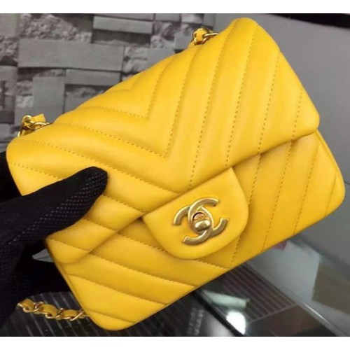 Chanel Classic mini Flap Bag Chevron Sheepskin Leather A68748 Yellow