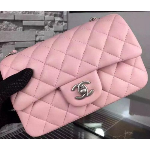 Chanel Classic mini Flap Bag Pink Sheepskin Leather A67350 Silver