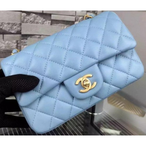 Chanel Classic mini Flap Bag SkyBlue Sheepskin Leather A67350 Gold