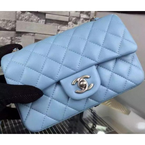 Chanel Classic mini Flap Bag SkyBlue Sheepskin Leather A67350 Silver