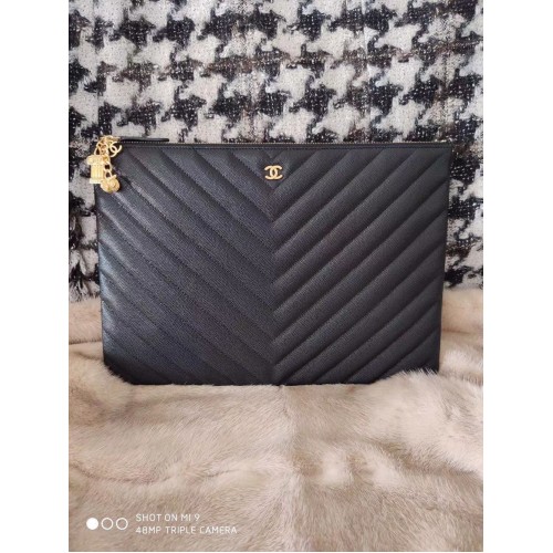 Chanel Clutch Bag Black Caviar Leather 7012 Gold