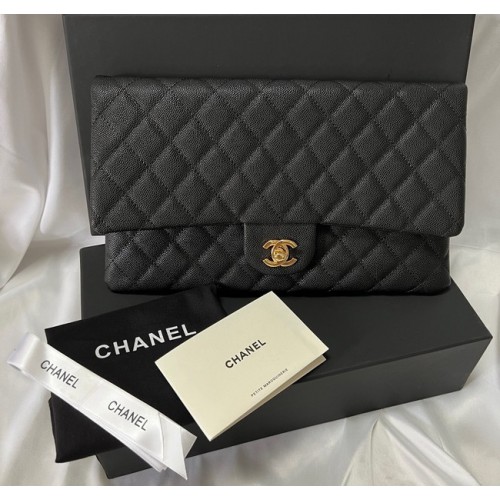 Chanel Clutch Bag Black Caviar Leather 7013 Gold