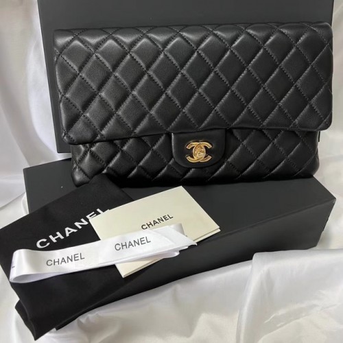 Chanel Clutch Bag Black Sheepskin Leather 7013 Gold