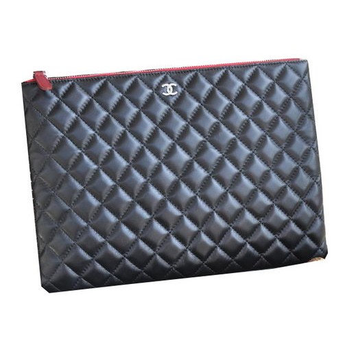 Chanel Clutch Bag Black Sheepskin Leather A82044 Silver