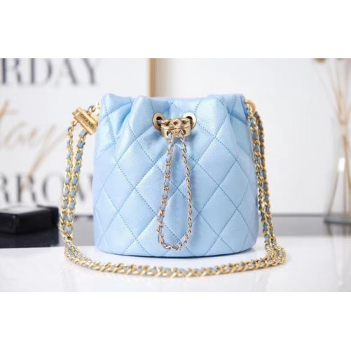 Chanel Drawstring Bag Grained Calfskin Gold Metal AS2859 light blue