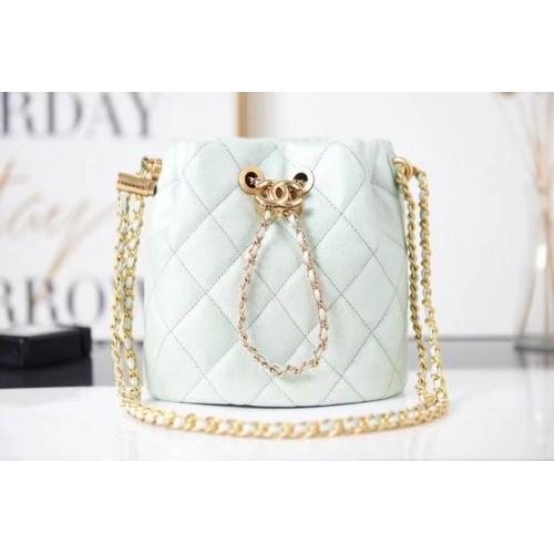 Chanel Drawstring Bag Grained Calfskin Gold Metal AS2859 light green